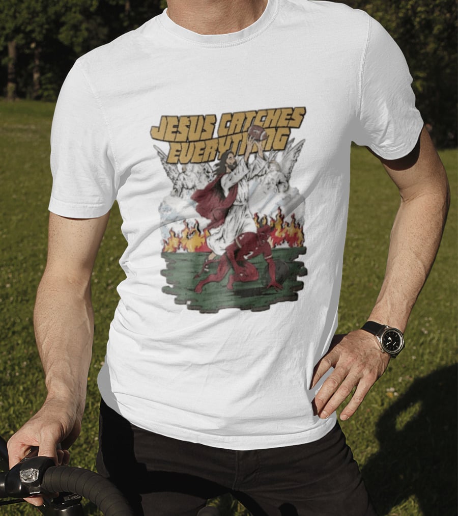 Jesus Catches Everything Angel Vs Devil Football Battle T-Shirt