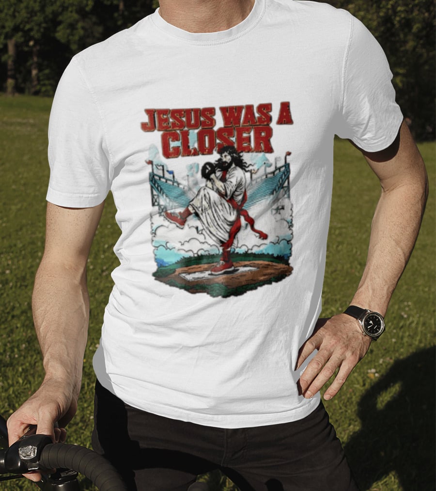 Jesus Was A Closer Baseball Pitcher Heavenly Stadium Scene T-Shirt