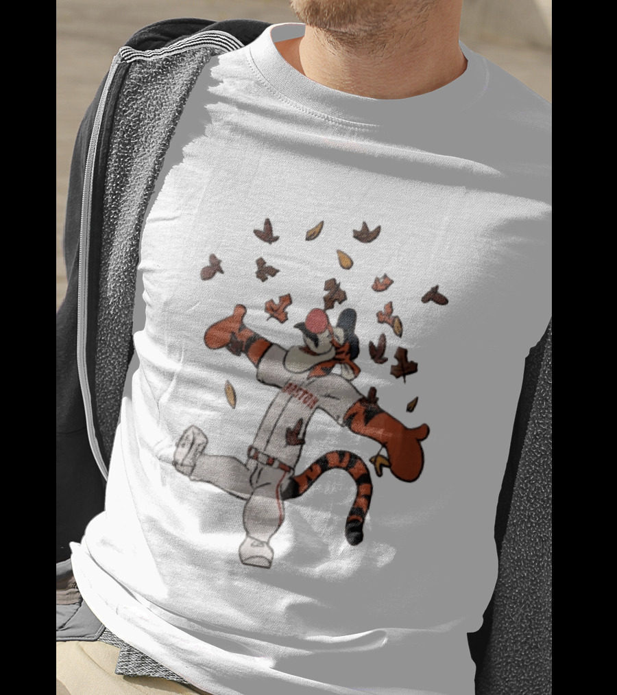 Tigger In Boston Baseball Uniform Enjoying Falling Leaves T-Shirt
