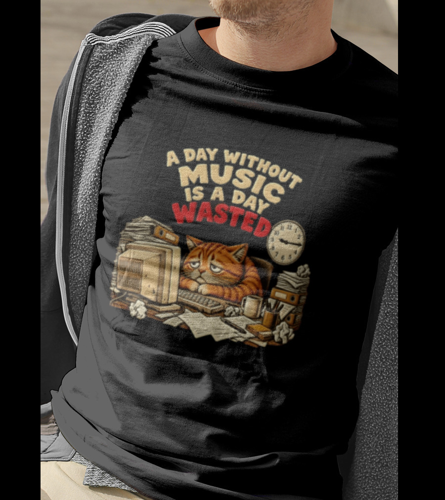 A Day Without Music Is A Day Wasted Sad Orange Cat Office Desk Motivation T-Shirt