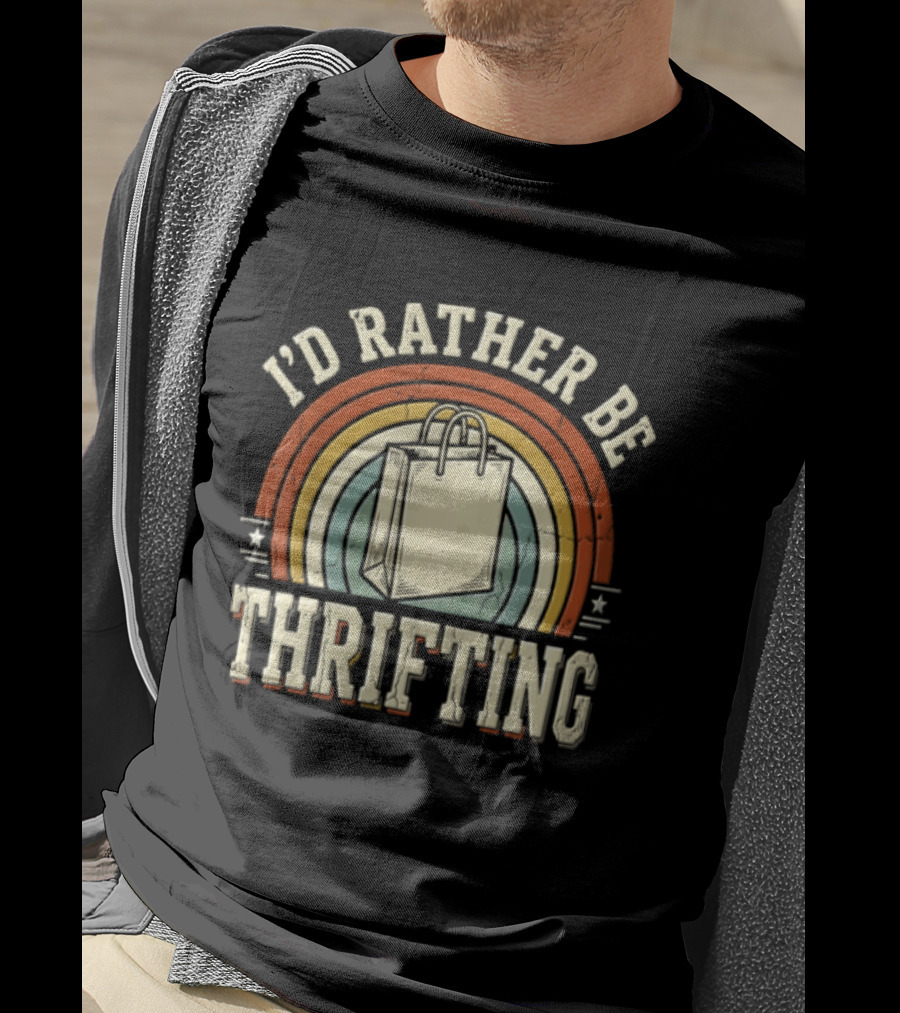I'd Rather Be Thrifting Shopping Bag Retro Rainbow Stars T-Shirt