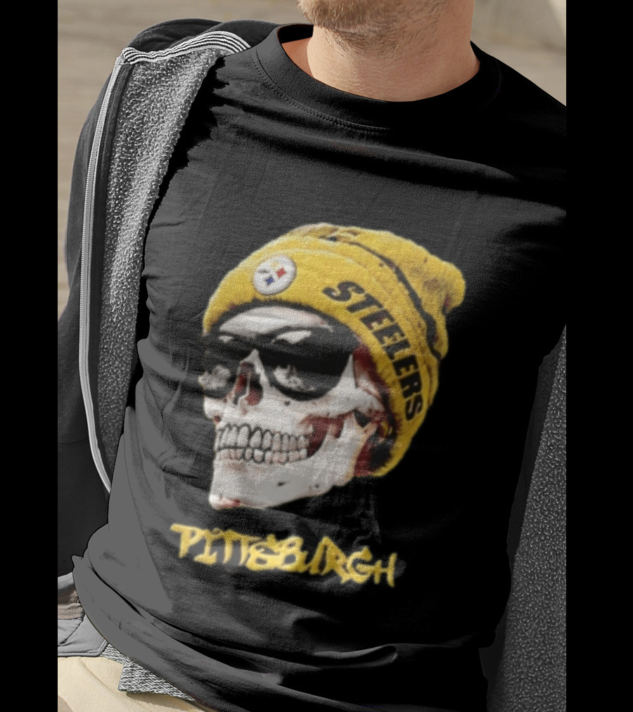 Pittsburgh Steelers Skull Yellow Beanie Sunglasses T-Shirt