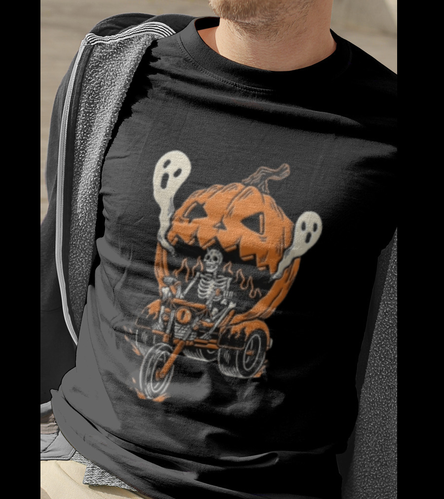 Skeleton Riding Tricycle Inside Giant Pumpkin With Ghosts Halloween T-Shirt