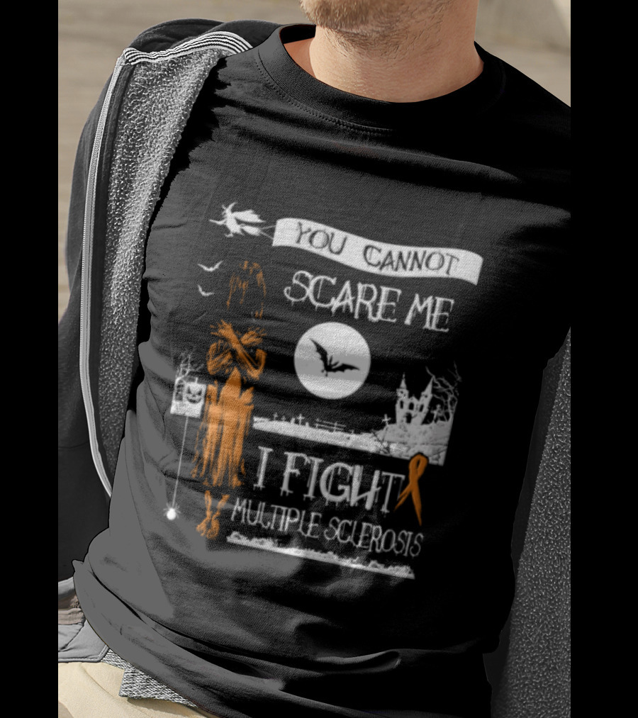You Cannot Scare Me I Fight Multiple Sclerosis Halloween Witch Bats Moon Cemetery Ribbon T-Shirt