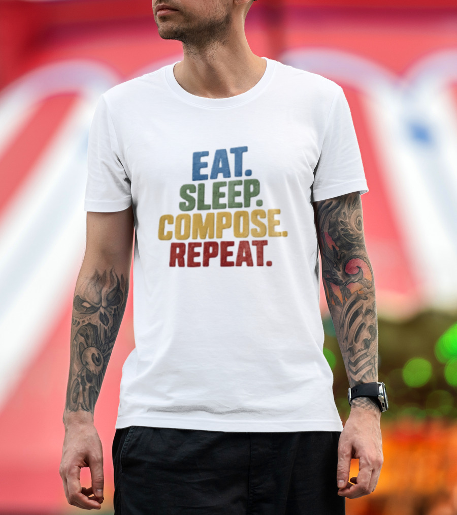 EAT Sleep Compose Repeat Distressed Block Multicolored T-Shirt