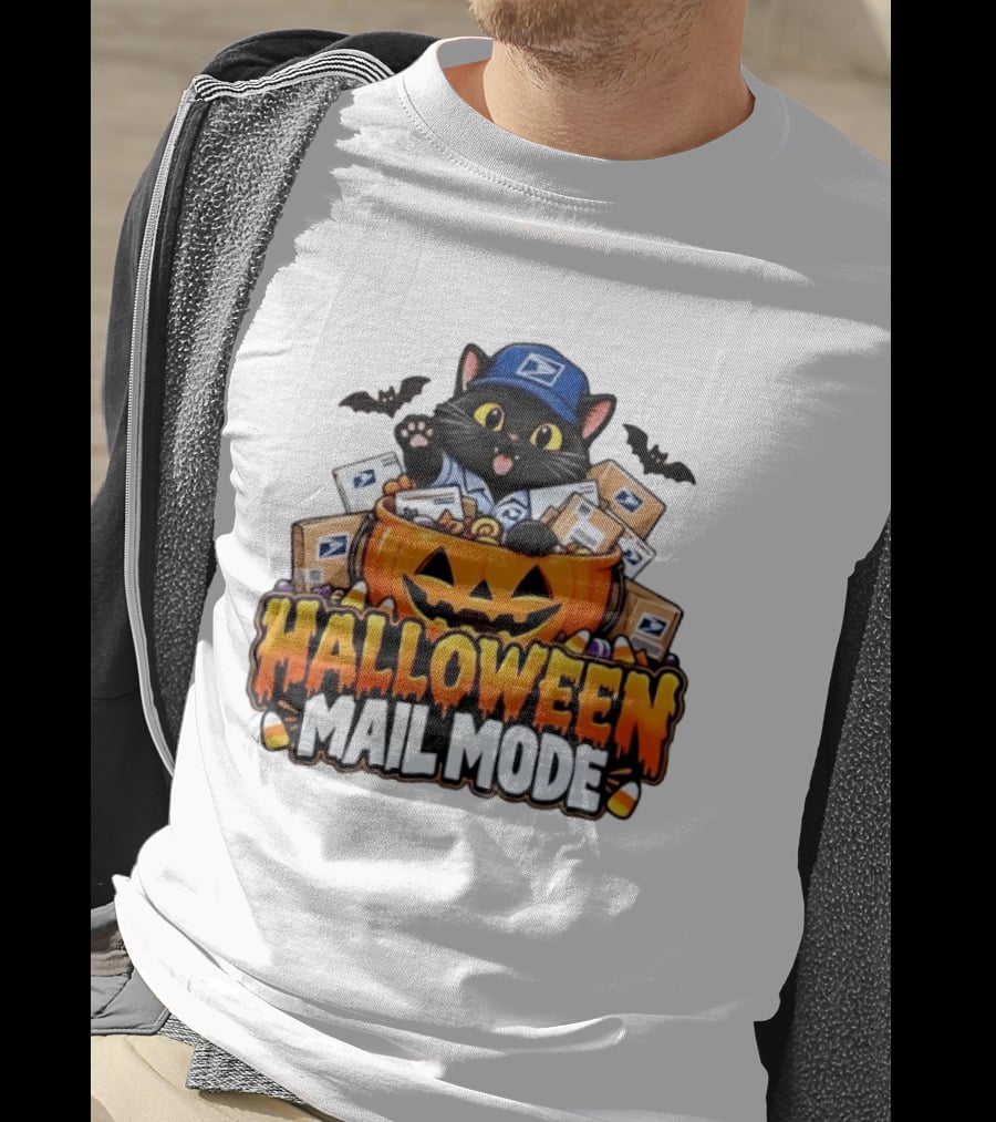 Halloween Mail Mode USPS Black Cat Pumpkin Postal Carrier T-Shirt