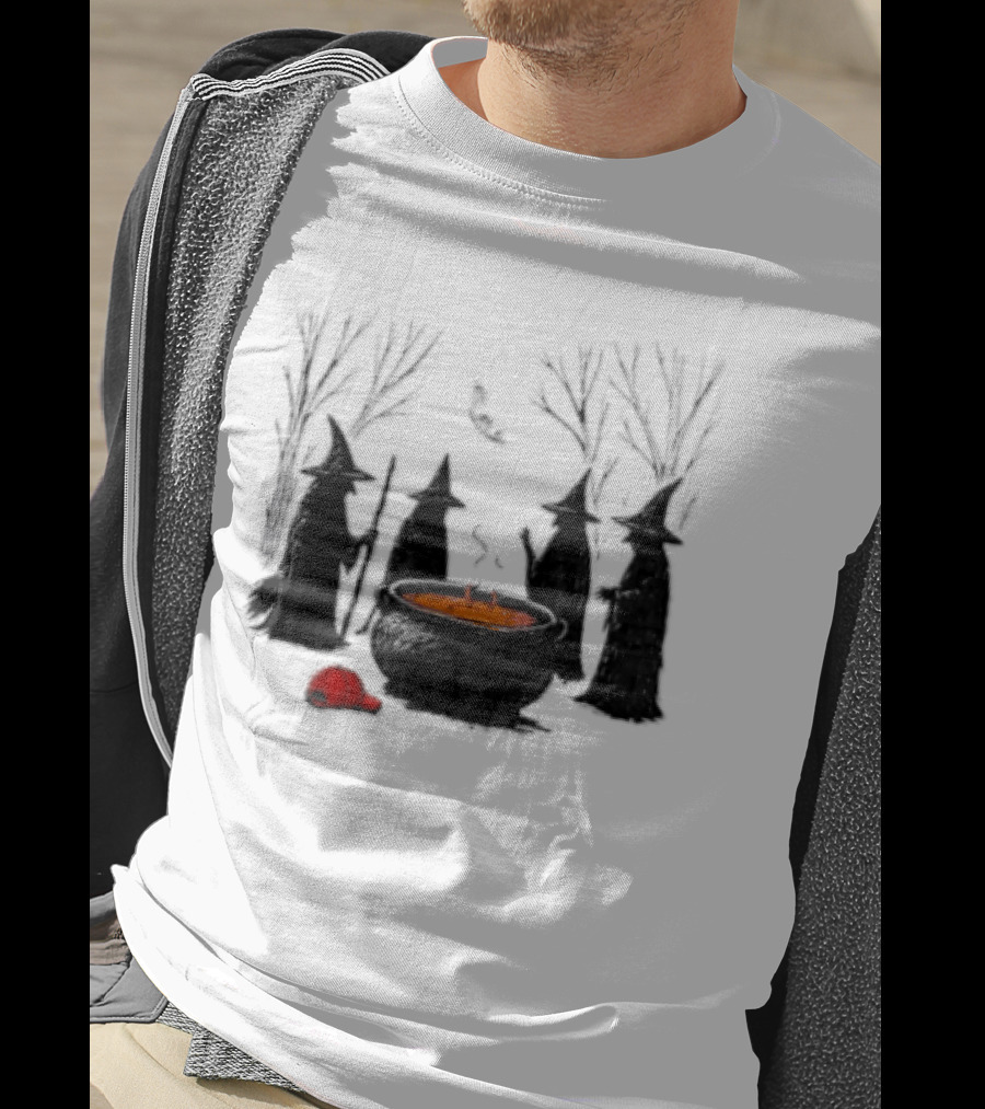 Witches Gathering Around Cauldron And Red Hat Halloween Scene T-Shirt