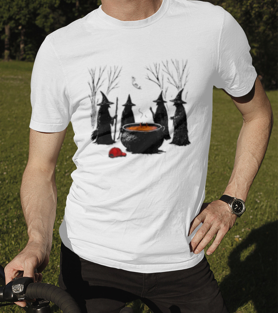 Witches Gathering Around Cauldron And Red Hat Halloween Scene T-Shirt
