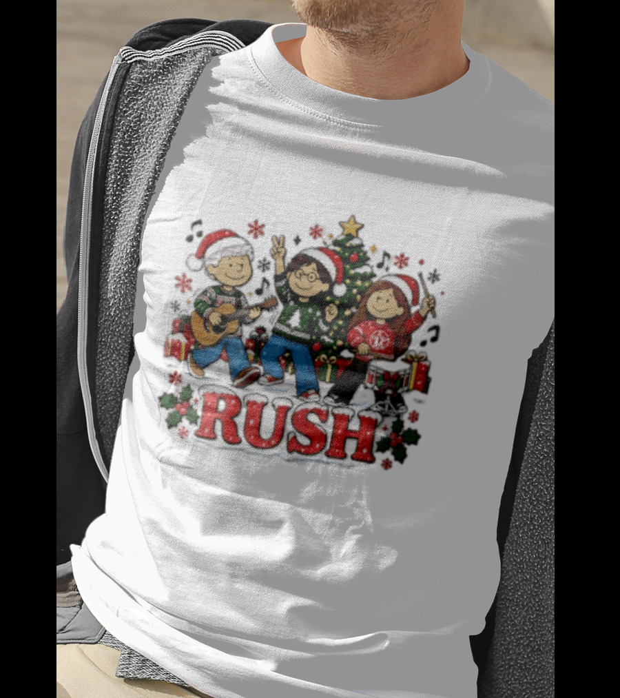 Rush Christmas Cartoon Characters Playing Instruments Festive Holiday Scene T-Shirt
