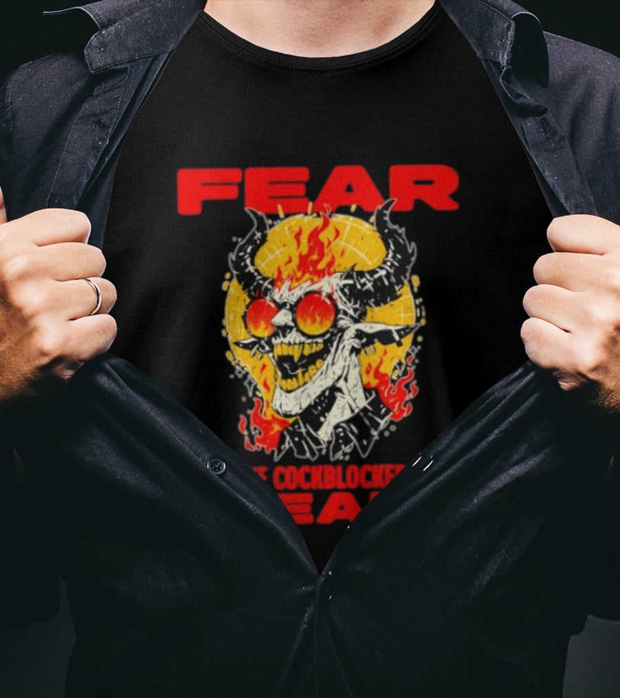 Fear Is The Cockblocker Of Dreams Flaming Demon With Horns And Sunglasses T-Shirt