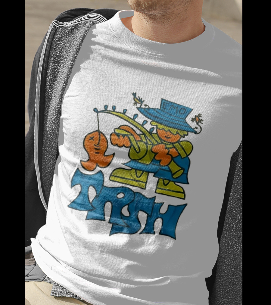 Emo Trsh Cartoon Fisherman Catching Orange Fish Wearing Blue And Green Outfit T-Shirt