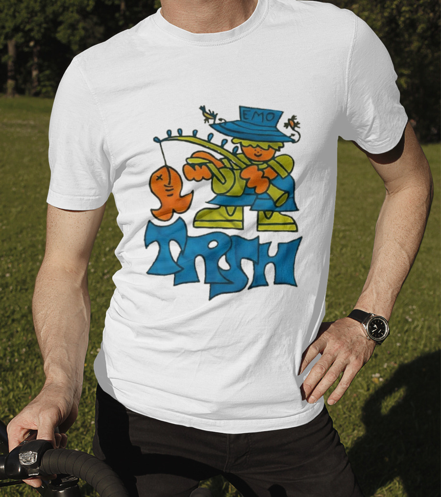 Emo Trsh Cartoon Fisherman Catching Orange Fish Wearing Blue And Green Outfit T-Shirt