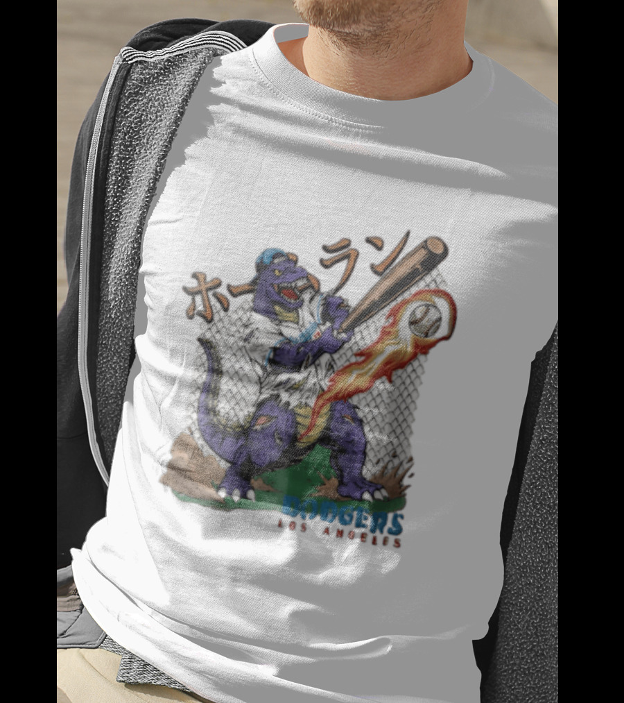 Dodgers Los Angeles Purple Dinosaur Baseball Player Batting With Flaming Ball T-Shirt