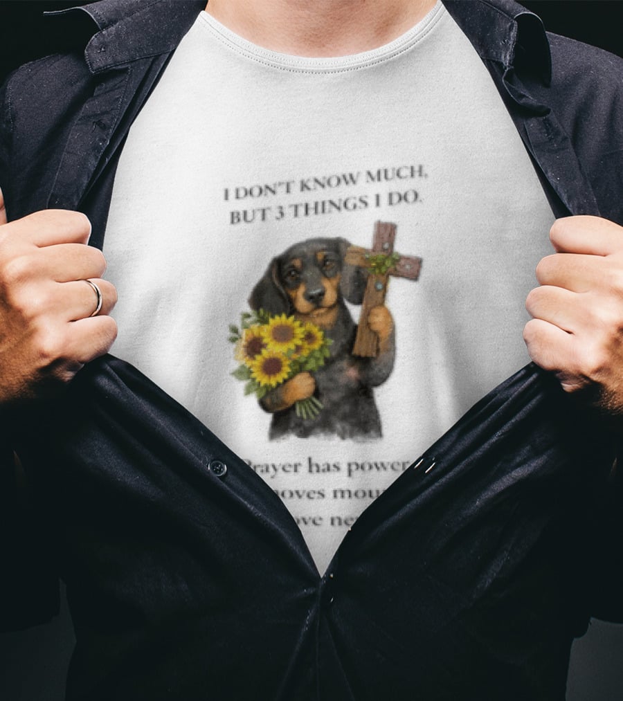 I Don't Know Much But 3 Things I Do Prayer Has Power Faith Moves Mountains God's Love Dog Holding Cross And Sunflowers T-Shirt