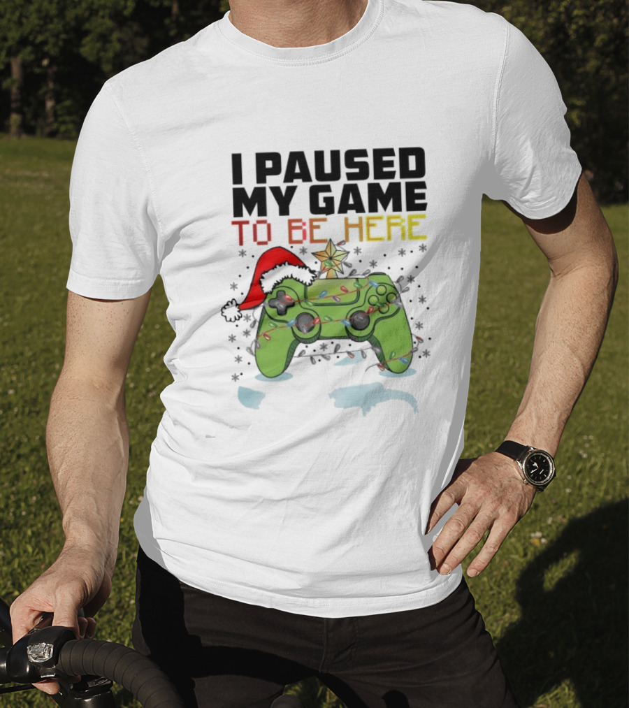 I Paused My Game To Be Here Christmas Gamer Controller Holiday Lights Santa Hat T-Shirt