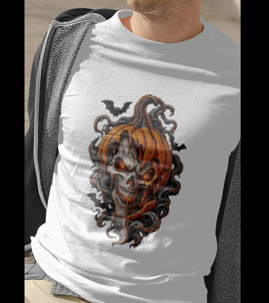 Skull Rage Halloween Pumpkin With Bats And Flames T-Shirt