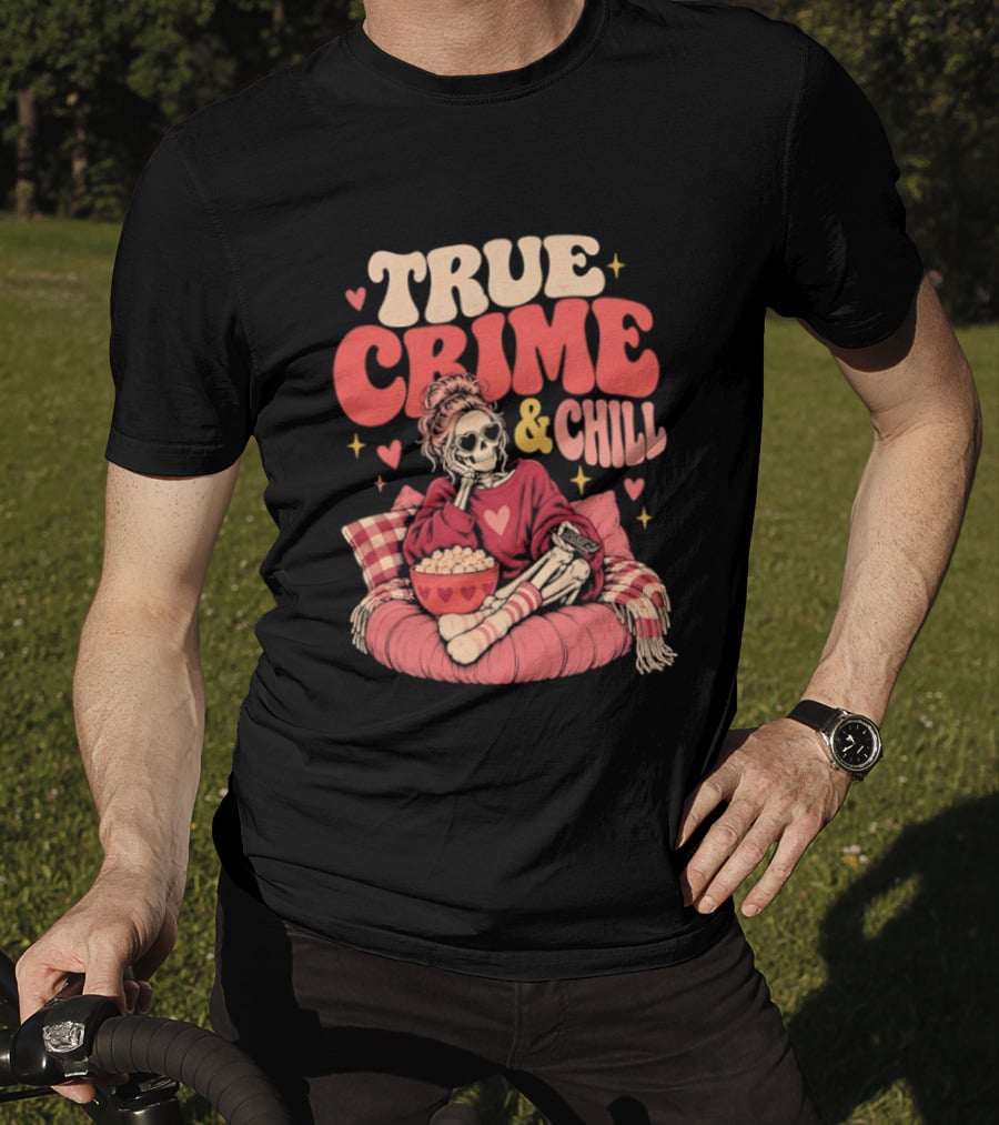 True Crime & Chill Skeleton Halloween 2026 Cozy Popcorn Vibes T-Shirt
