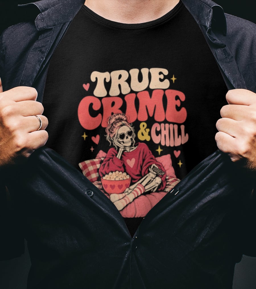True Crime & Chill Skeleton Halloween 2026 Cozy Popcorn Vibes T-Shirt