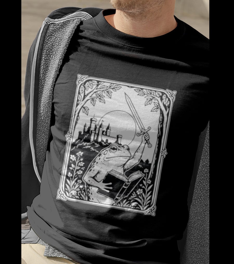 Warrior Frog Reading Book With Sword And Castle In Black And White Scene T-Shirt