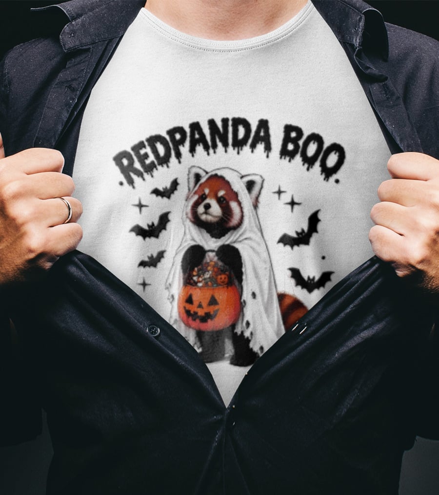 Redpanda Boo Cute Red Panda Costume With Pumpkin Candy Bucket And Bats T-Shirt