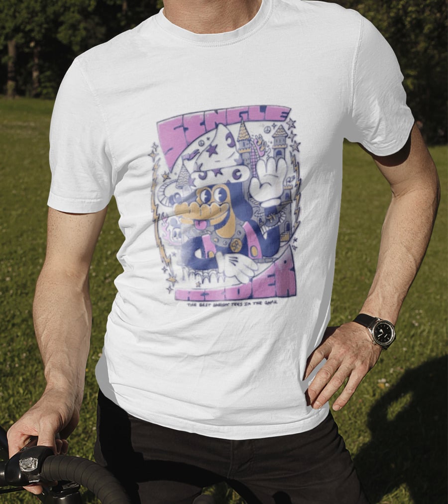 Single Rider Cartoon Dog Wizard With Hat And Spiked Collar Retro Fantasy Scene T-Shirt