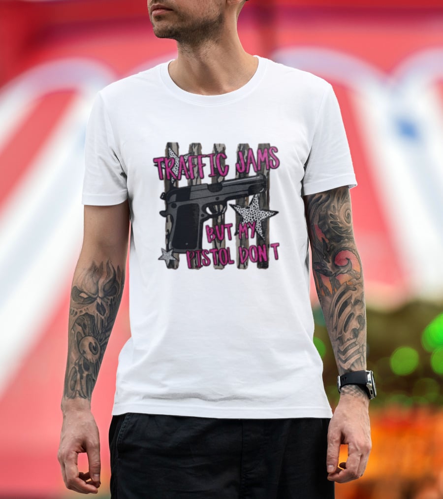 Traffic Jams But My Pistol Don't Handgun Over Stripes Leopard T-Shirt