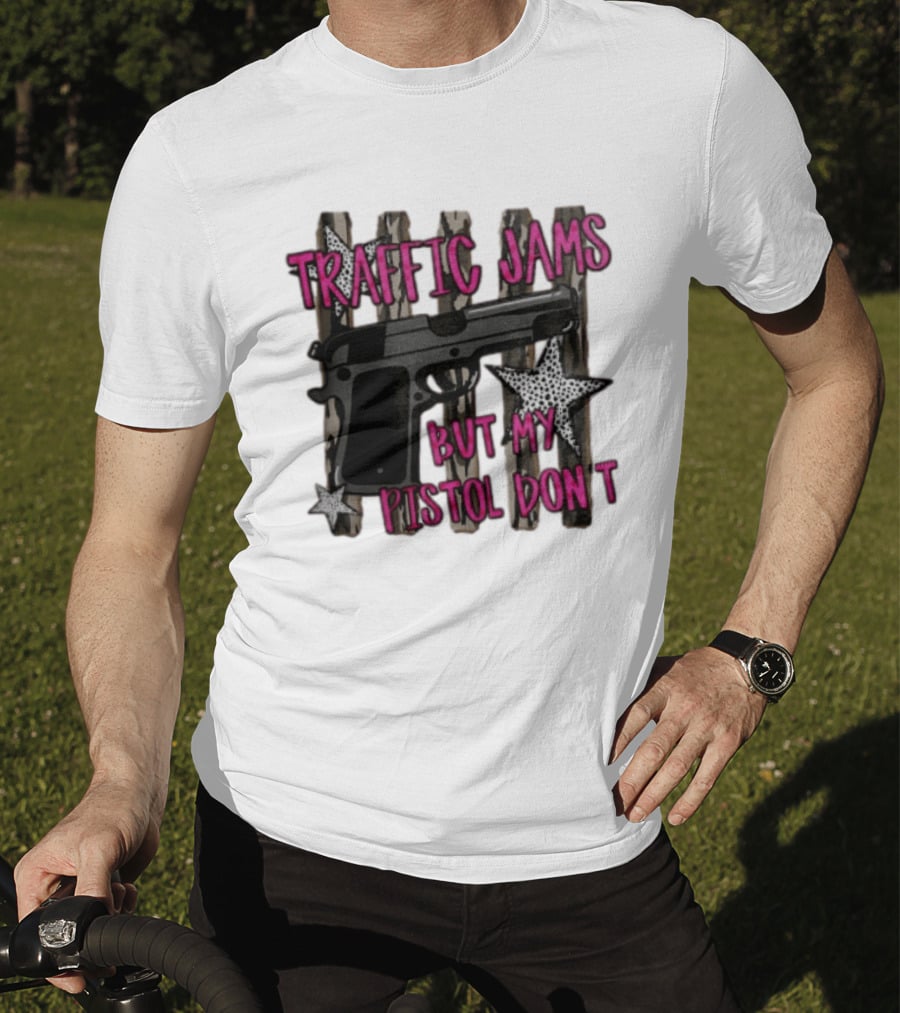 Traffic Jams But My Pistol Don't Handgun Over Stripes Leopard T-Shirt