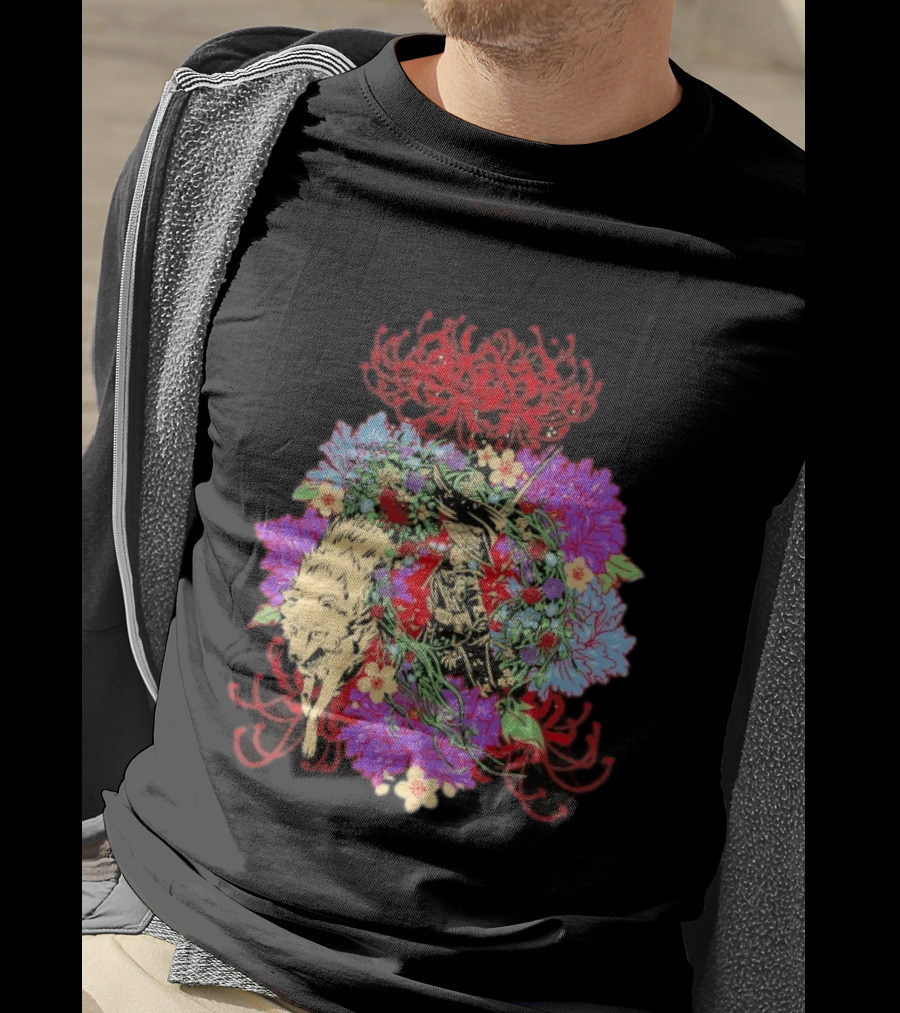 Beast Of Reincarnation Blooming Artistic Floral Samuraи Wolf Fusion T-Shirt