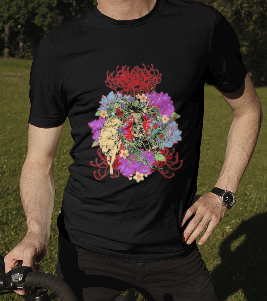 Beast Of Reincarnation Blooming Artistic Floral Samuraи Wolf Fusion T-Shirt