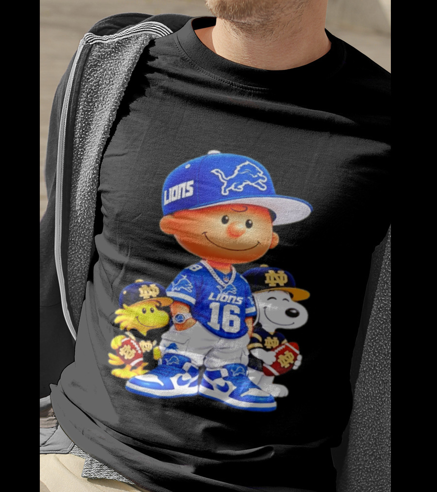 Charlie Brown Snoopy Woodstock Detroit Lions 16 Jersey Notre Dame Iconic Peanuts Characters T-Shirt