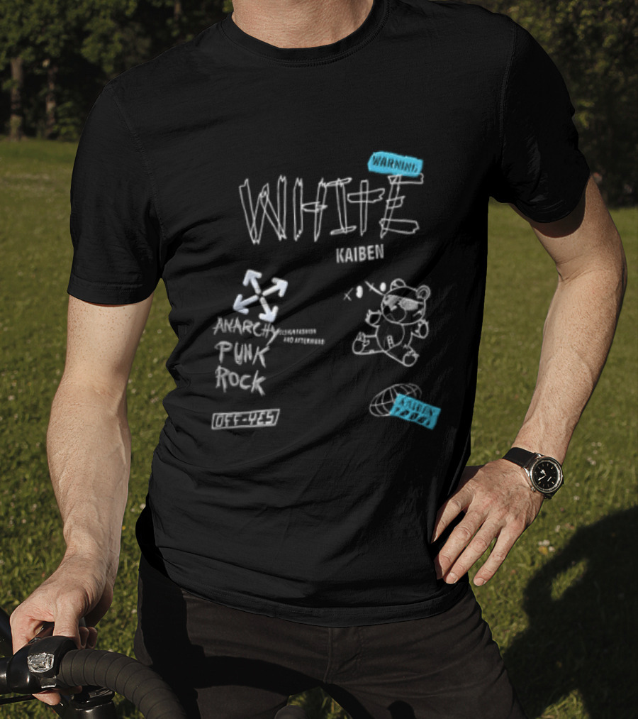 Kaiben White Cartoon Bear With Arrow Symbols And Blue Tape T-Shirt