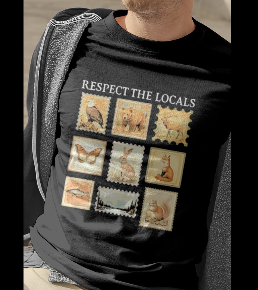 Respect The Locals Wildlife Stamp Collection With Bear Fox And Eagle T-Shirt