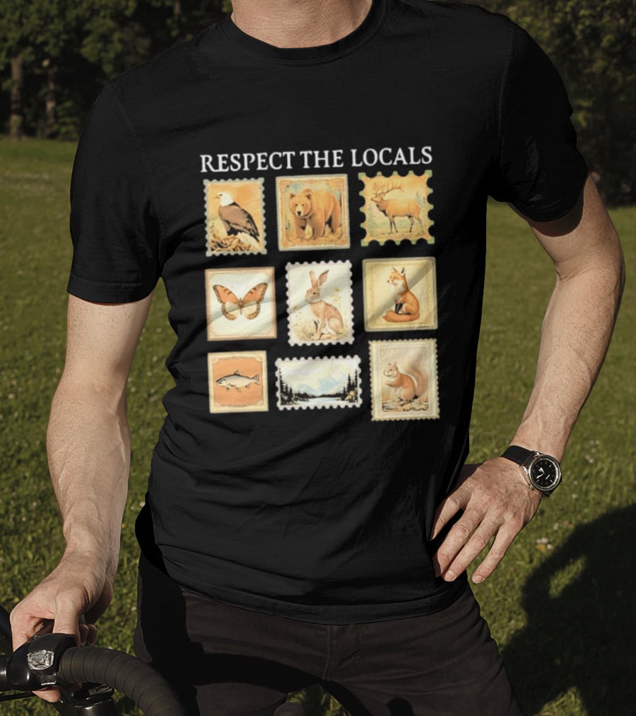 Respect The Locals Wildlife Stamp Collection With Bear Fox And Eagle T-Shirt