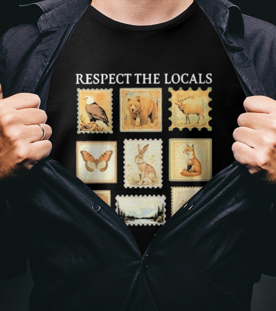 Respect The Locals Wildlife Stamp Collection With Bear Fox And Eagle T-Shirt