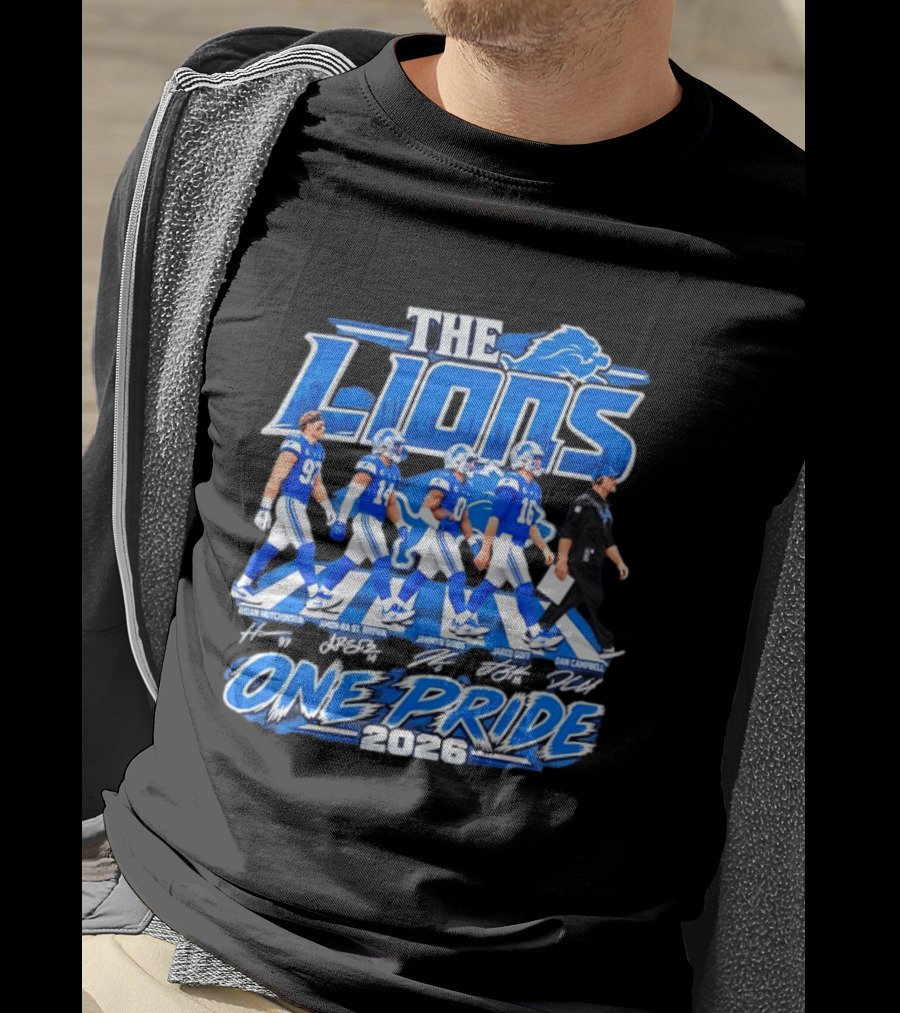 Detroit Lions The Lions One Pride Abbey Road 2026 Aidan Hutchinson Jahmyr Gibbs Jared Goff Dan Campbell T-Shirt