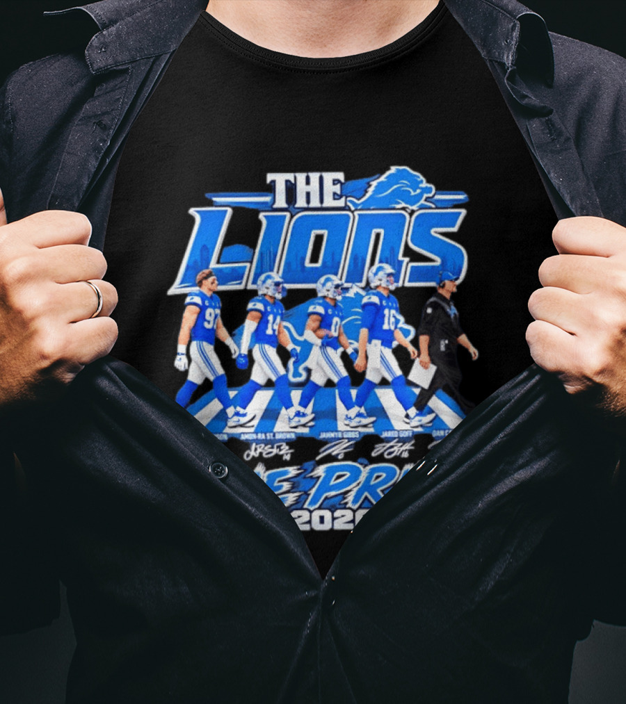 Detroit Lions The Lions One Pride Abbey Road 2026 Aidan Hutchinson Jahmyr Gibbs Jared Goff Dan Campbell T-Shirt