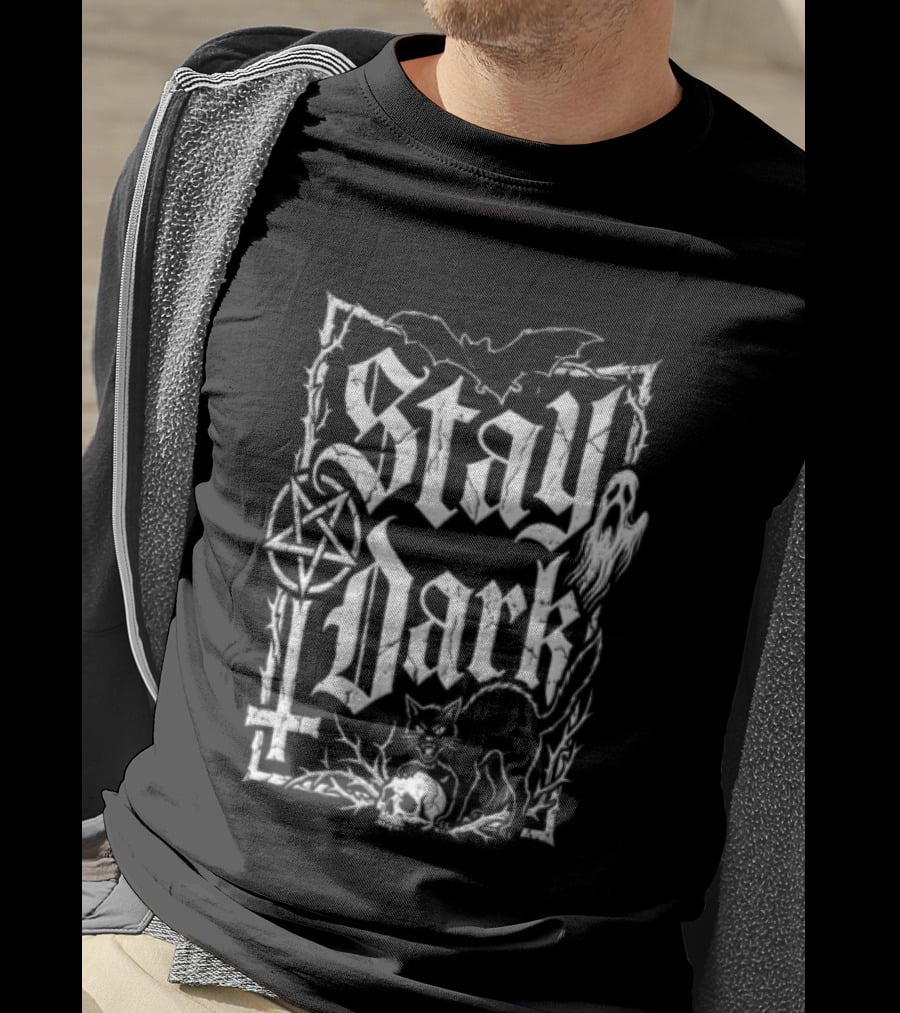 Stay Dark Gothic Bat Pentagram Ghost Black Cat Skull Thorns T-Shirt