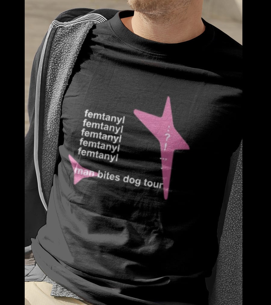 Femtanyl Man Bites Dog Tour Five Times Repeat Text Pink Question Mark T-Shirt