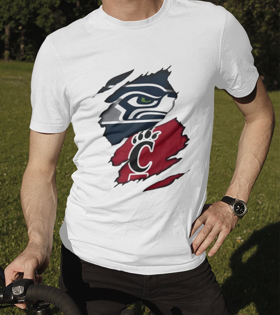 Seattle Seahawks Cincinnati Bearcats Ripped Fabric Fan T-Shirt