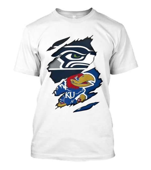 Seattle Seahawks And Kansas Jayhawks Torn Fabric Football And Basketball Fan Merchandise T-Shirt