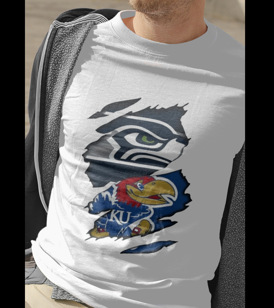 Seattle Seahawks And Kansas Jayhawks Torn Fabric Football And Basketball Fan Merchandise T-Shirt