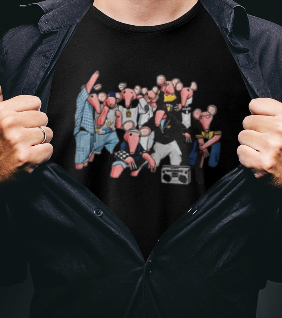 Group Of Pink Anthropomorphic Rats In Hip Hop Streetwear With Boombox T-Shirt