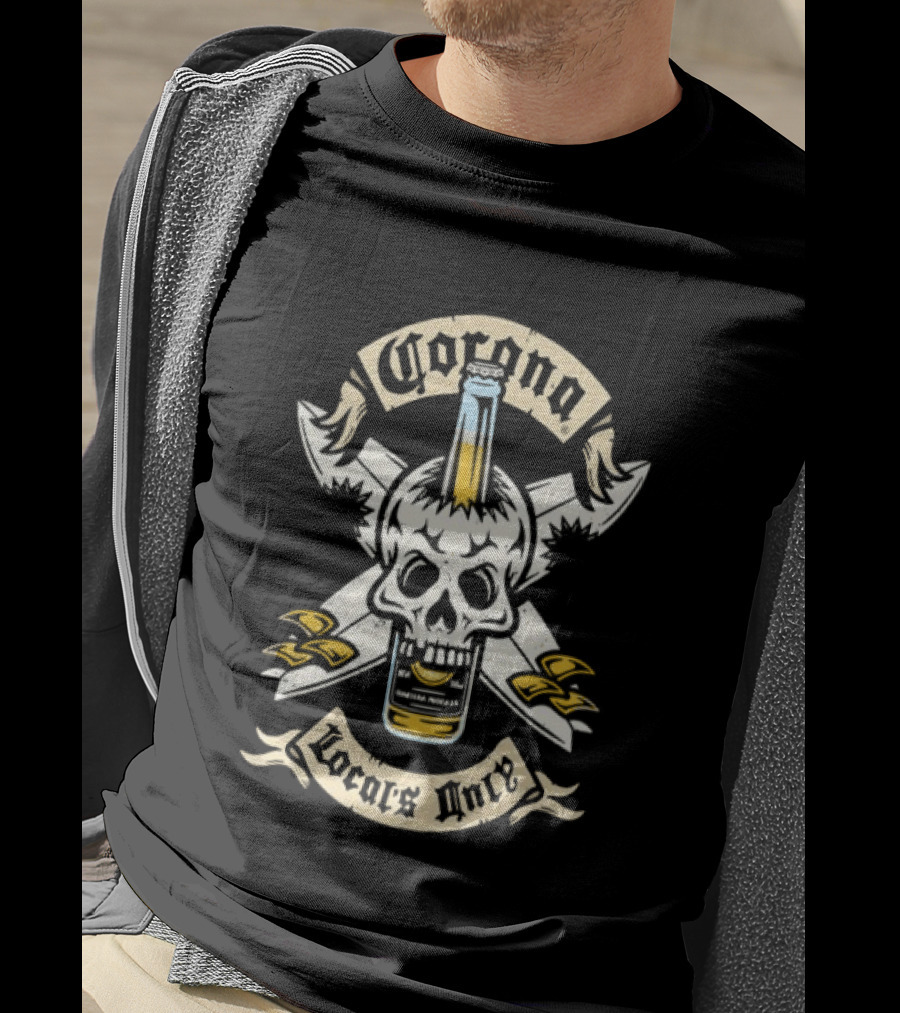 Corona Locals Only Skull And Beer Bottle Icon With Nautical Anchors T-Shirt