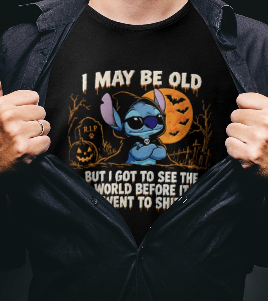 I May Be Old But I Got To See The World Before It Went To Shit Halloween RIP Pumpkin Bat Stitches T-Shirt