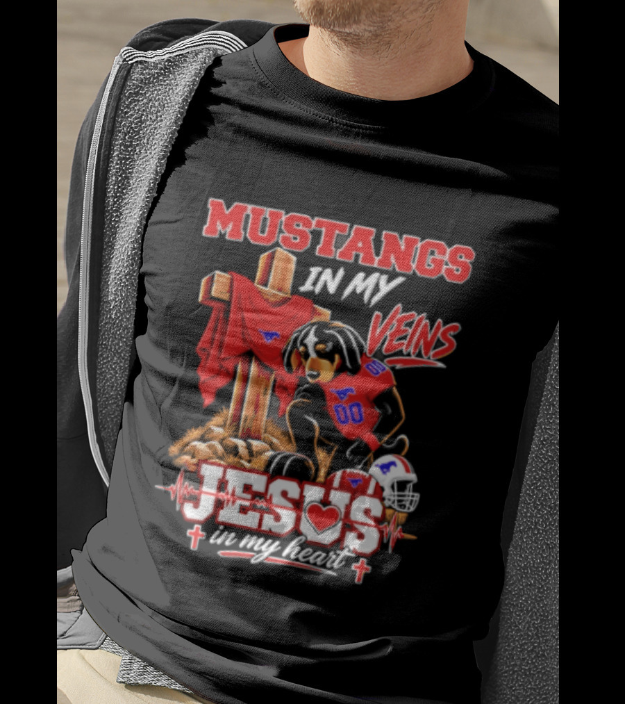 Mustangs In My Veins Football Faith Jesus In My Heart T-Shirt