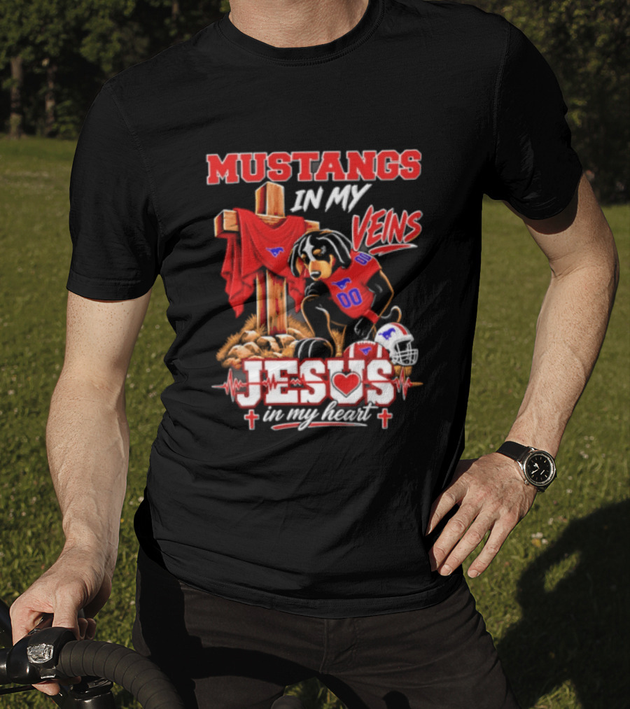 Mustangs In My Veins Football Faith Jesus In My Heart T-Shirt