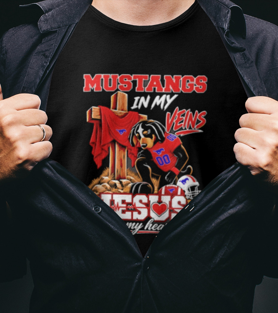 Mustangs In My Veins Football Faith Jesus In My Heart T-Shirt
