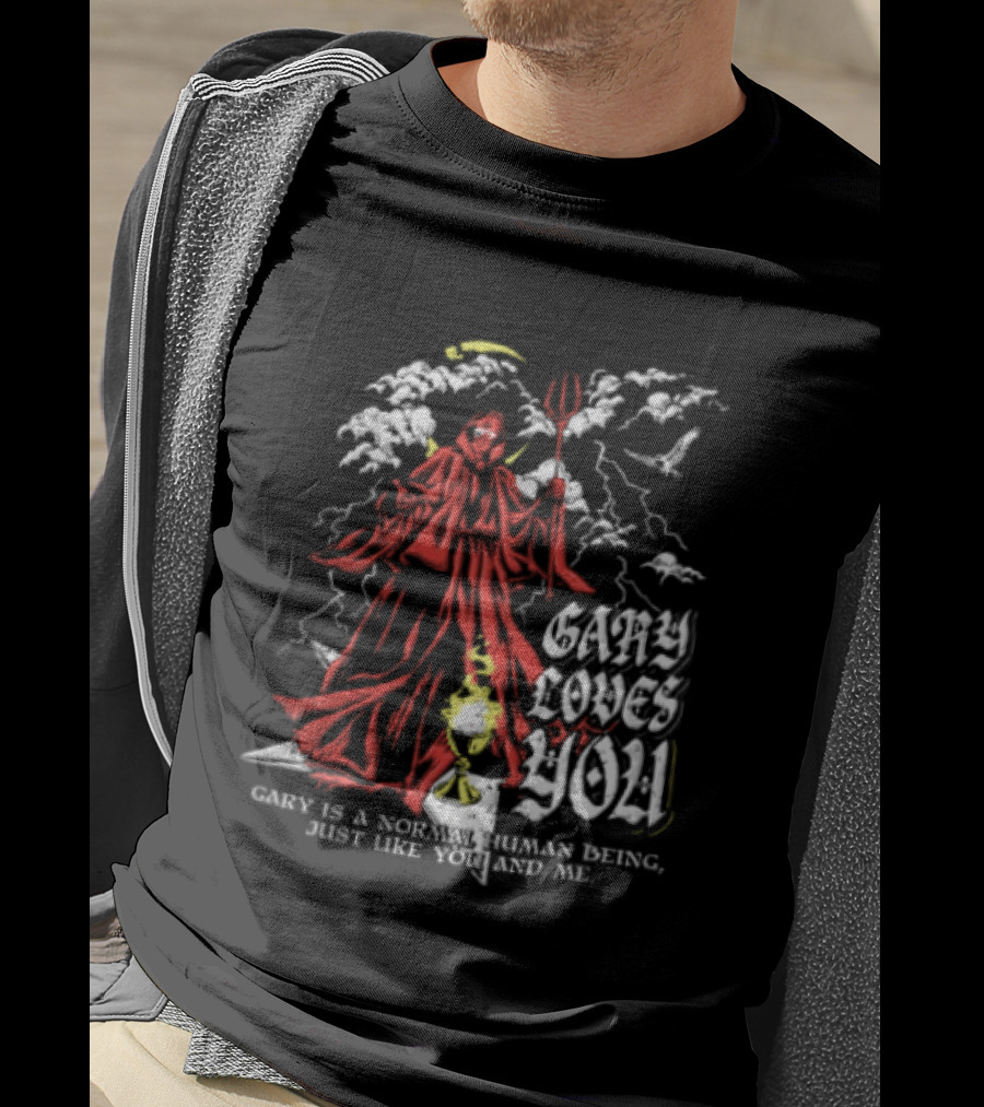Gary Loves You Gary Is A Normal Human Being Just Like You And Me Red Cloaked Figure With Lightning And Clouds T-Shirt