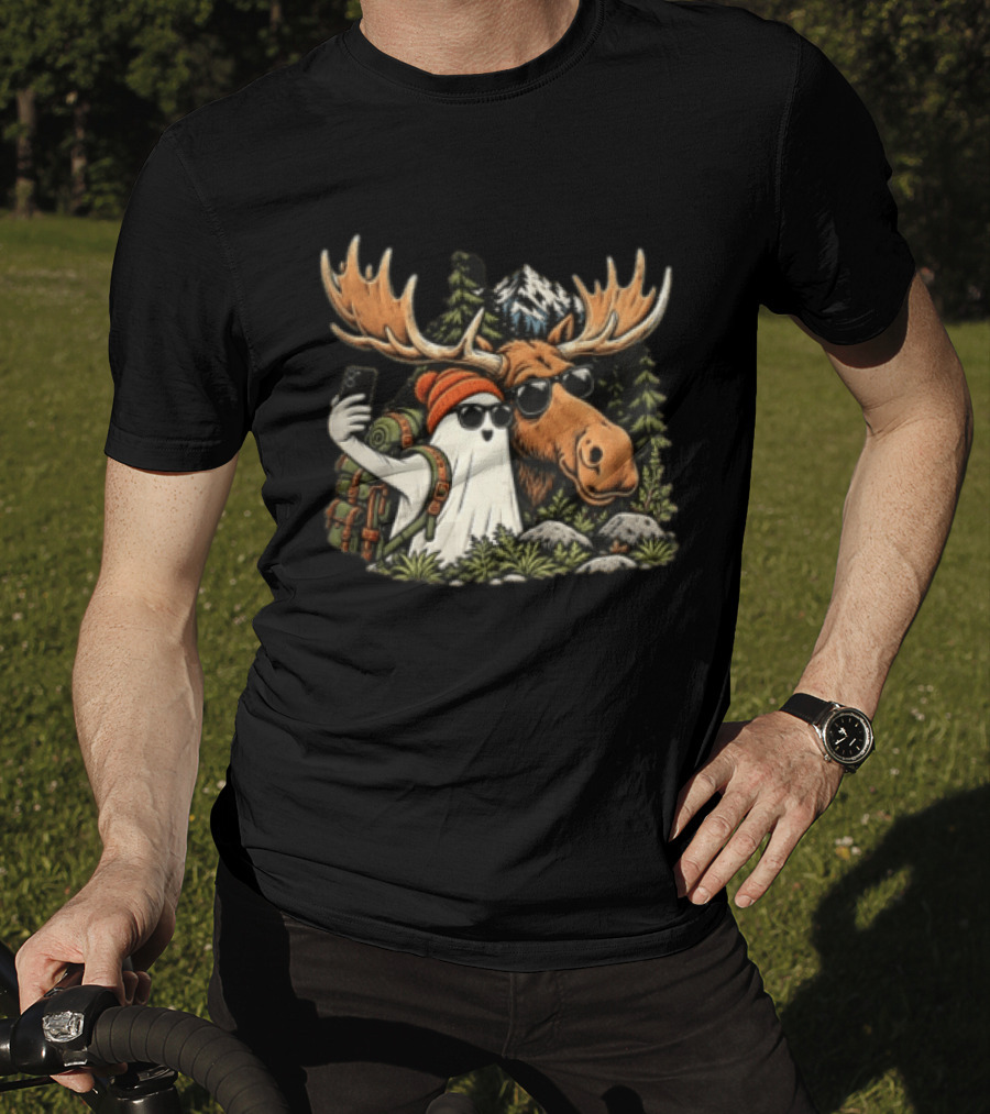 Ghost Backpack Selfie With Moose In Forest Adventure Scene T-Shirt