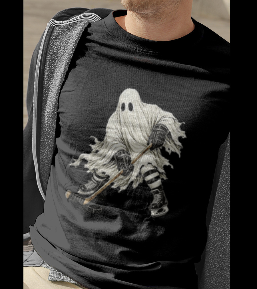 Halloween Ghost Playing Ice Hockey Costume Fun T-Shirt